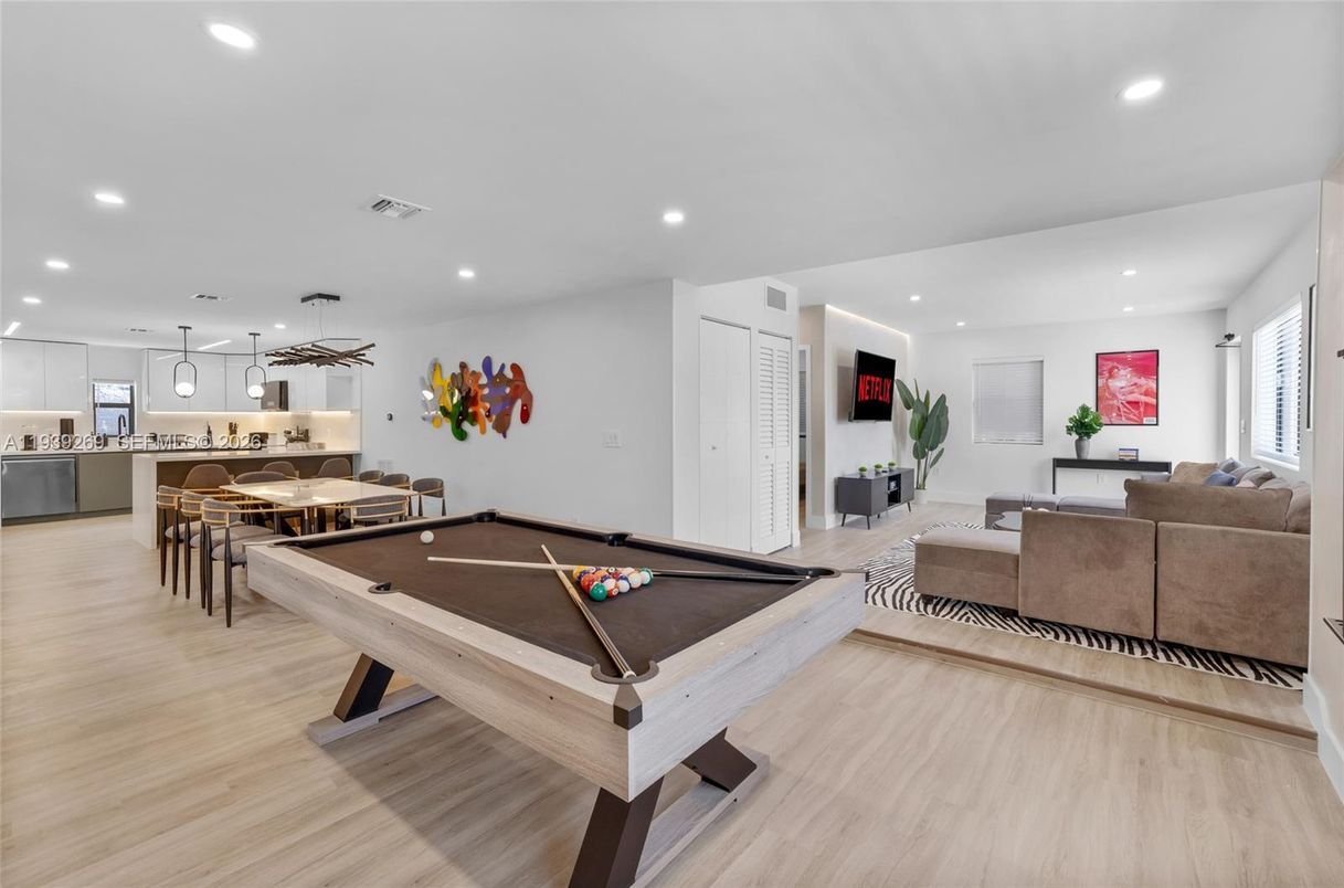 Billiard Table, Game Room, Interior, Kitchen, Living room, Pendant Lights, Recessed Lighting, Wood Texture Flooring