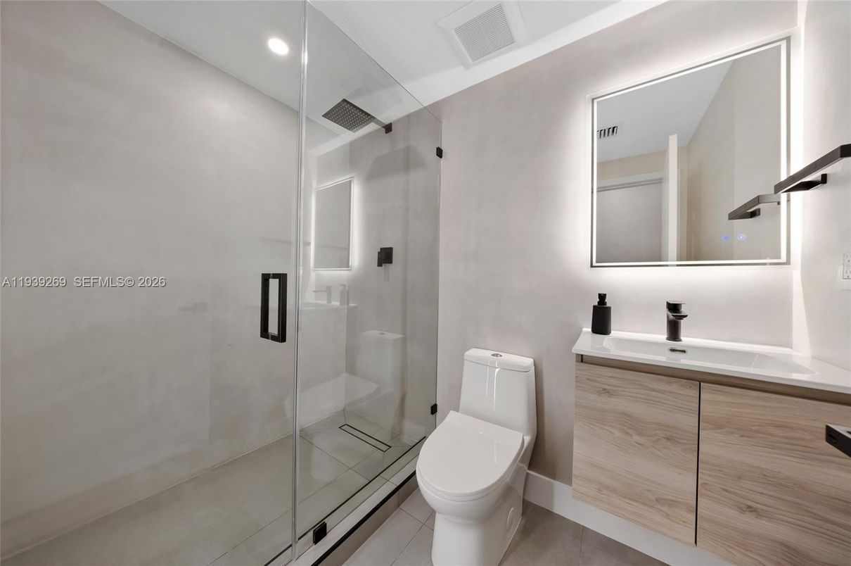 Bathroom, Glass Shower, Interior, Recessed Lighting