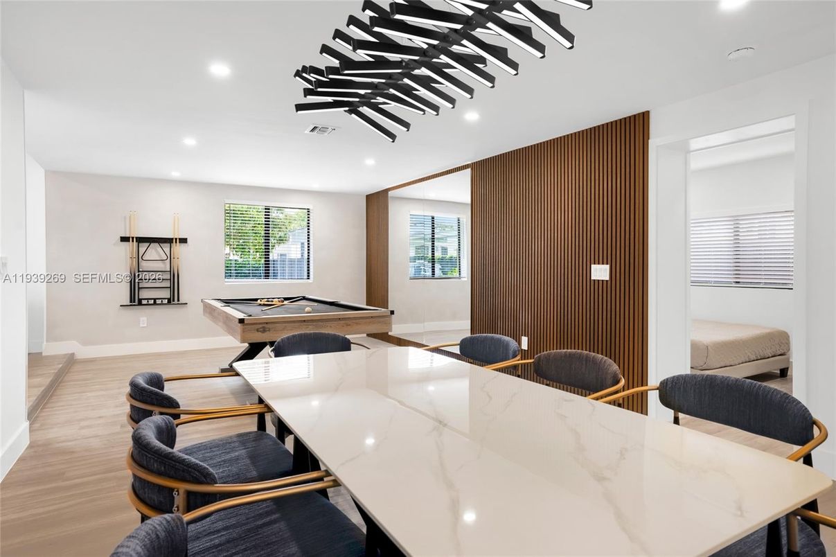 Billiard Table, Game Room, Interior, Recessed Lighting, Wood Texture Flooring