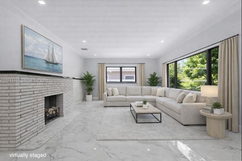 Fireplace, Interior, Living room, Marble, Recessed Lighting, Stone Walls