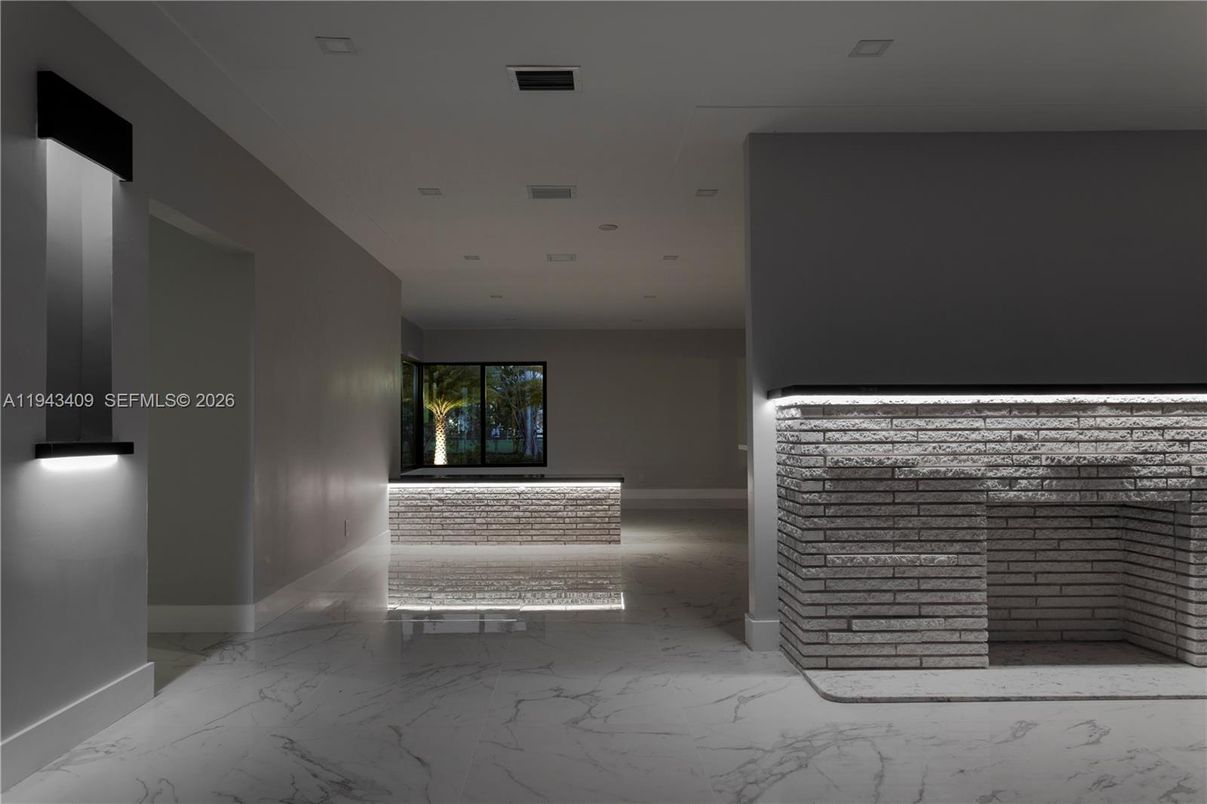 Fireplace, Interior, Marble, Recessed Lighting, Stone Walls