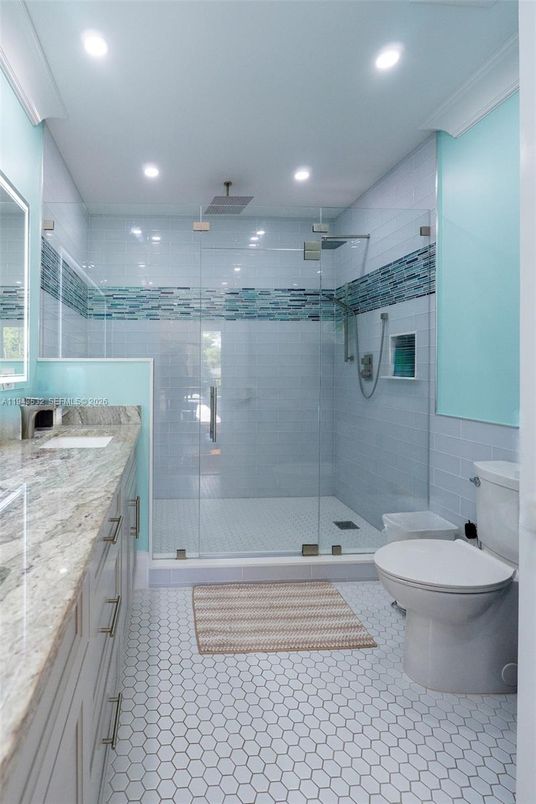 Bathroom, Dual Sink Vanities, Glass Shower, Interior, Recessed Lighting