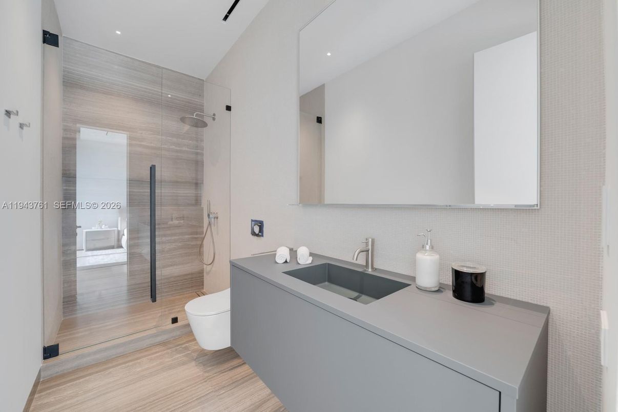 Bathroom, Glass Shower, Interior, Recessed Lighting, Wood Texture Flooring