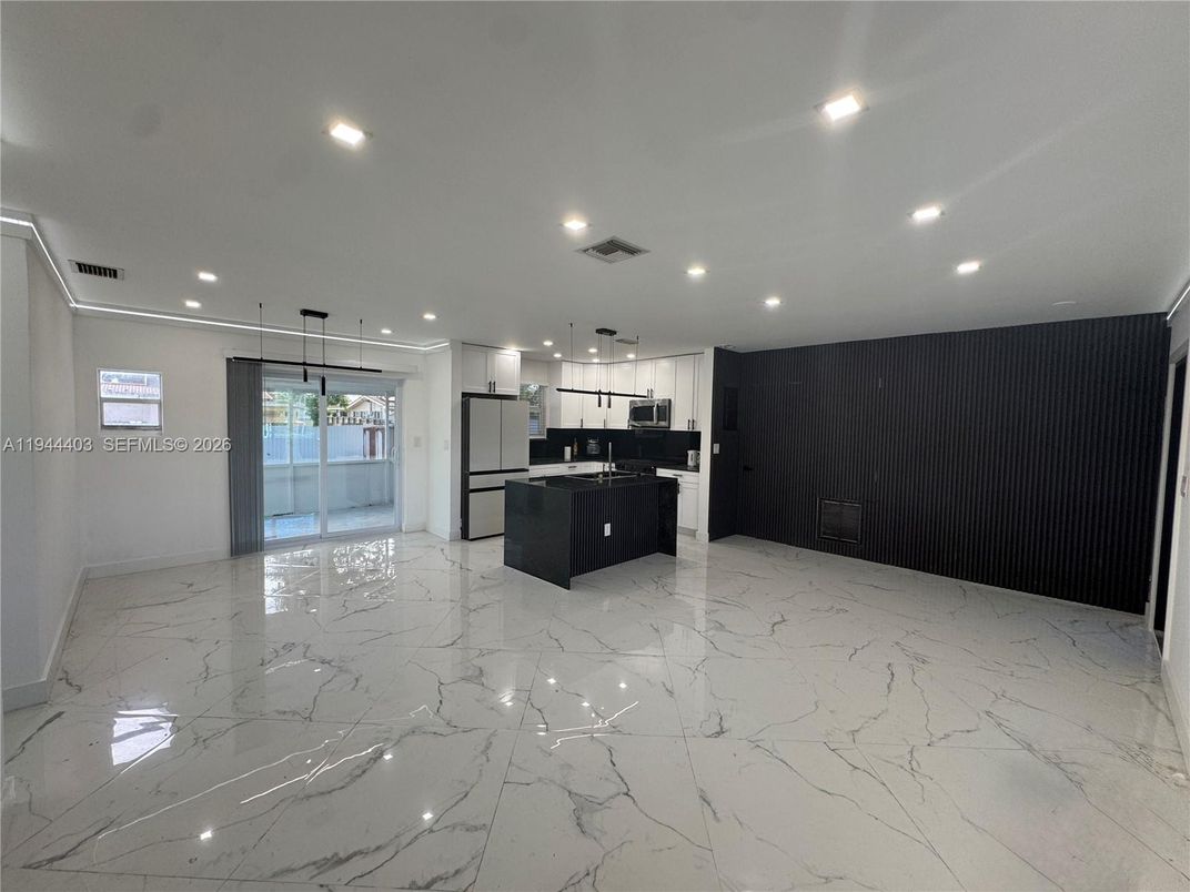 Interior, Kitchen, Marble, Pendant Lights, Recessed Lighting, Stainless Steel Appliances