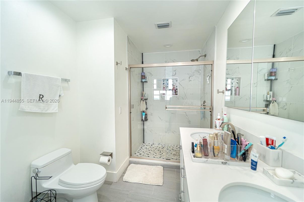 Bathroom, Glass Shower, Interior, Marble Walls, Recessed Lighting, Wood Texture Flooring