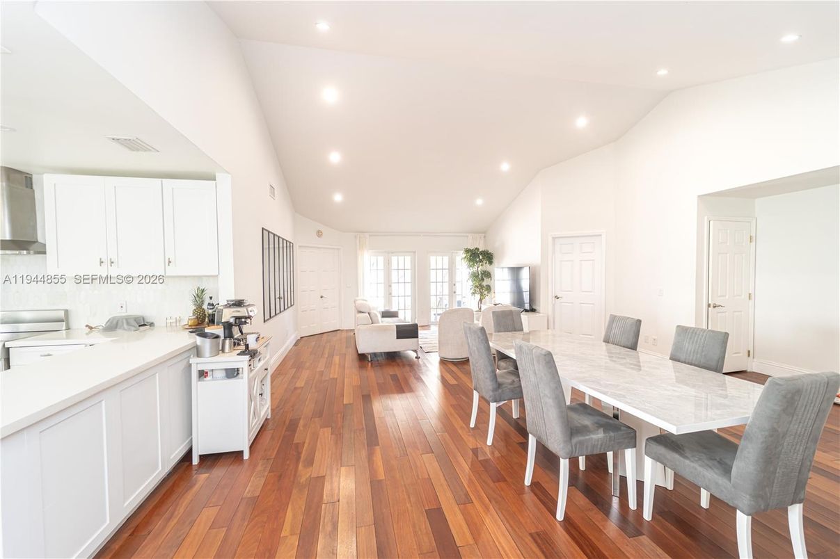 Dining room, Interior, Kitchen, Living room, Recessed Lighting, Wood Texture Flooring