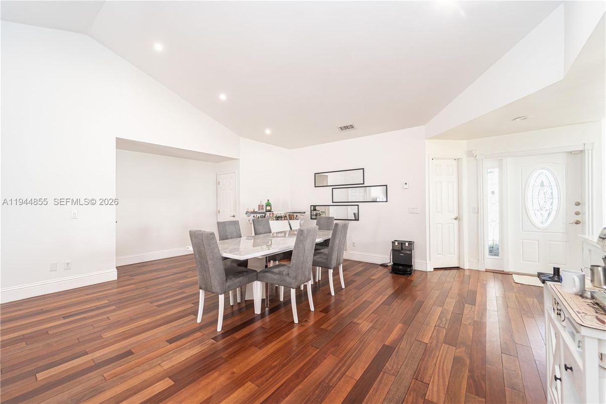 Dining room, Interior, Recessed Lighting, Wood Texture Flooring