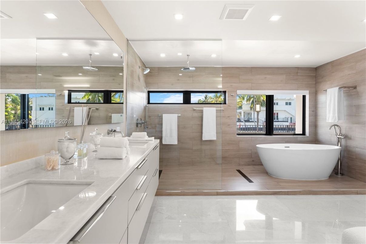 Bathroom, Dual Sink Vanities, Free Standing Baths, Glass Shower, Interior, Recessed Lighting, Wooden Walls