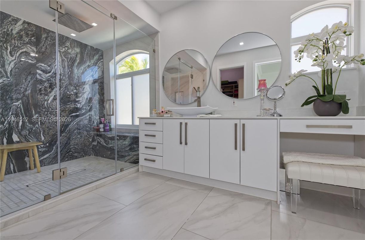 Bathroom, Glass Shower, Interior, Marble, Marble Walls, Recessed Lighting