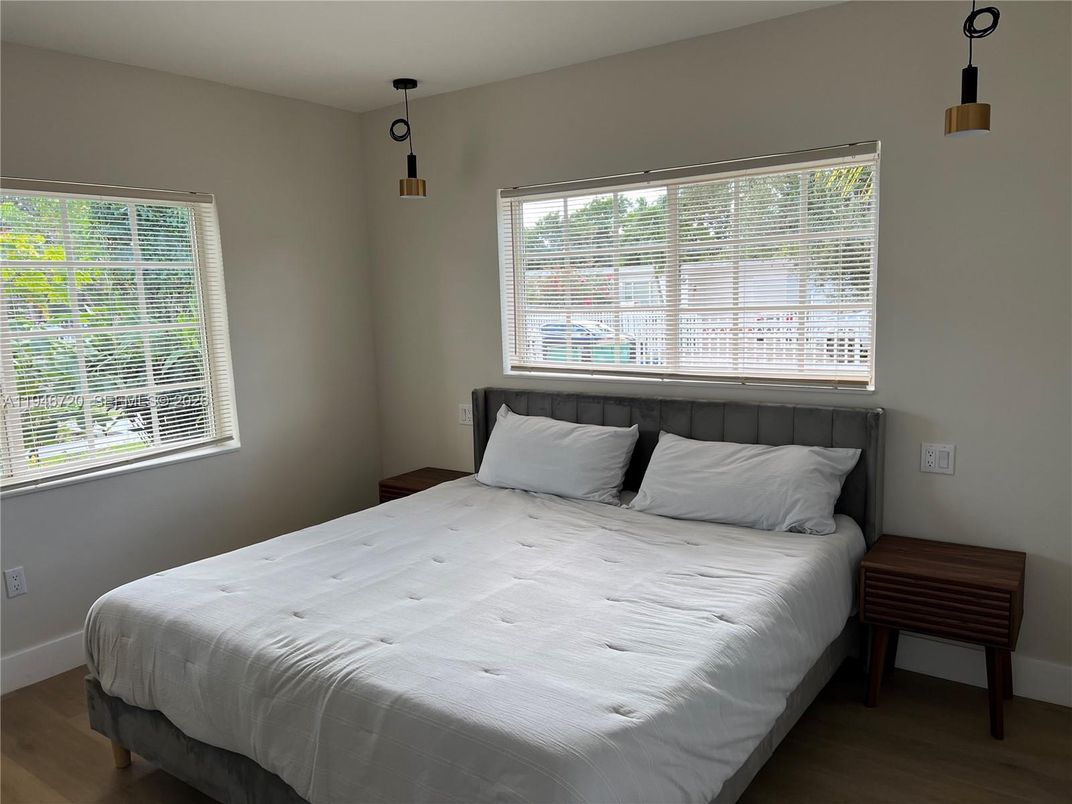 Bedroom, Interior, Pendant Lights, Wood Texture Flooring