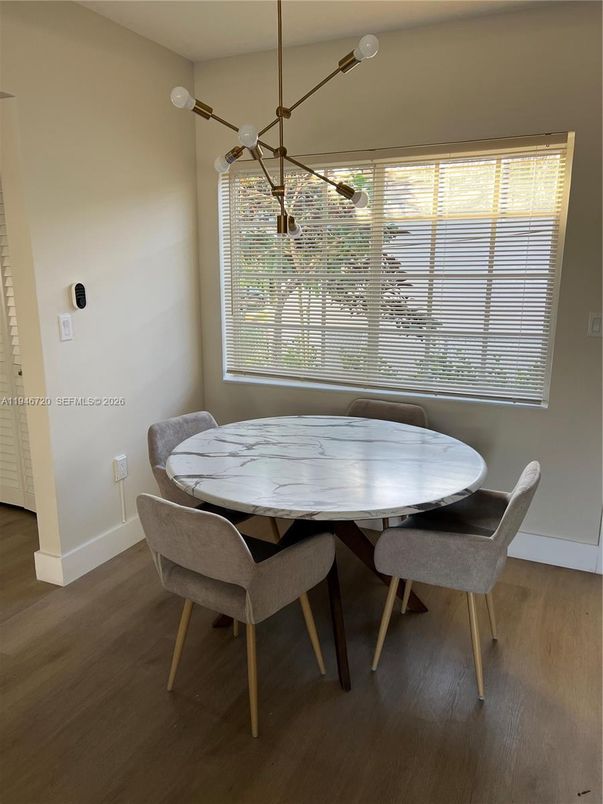 Dining room, Interior, Pendant Lights, Wood Texture Flooring