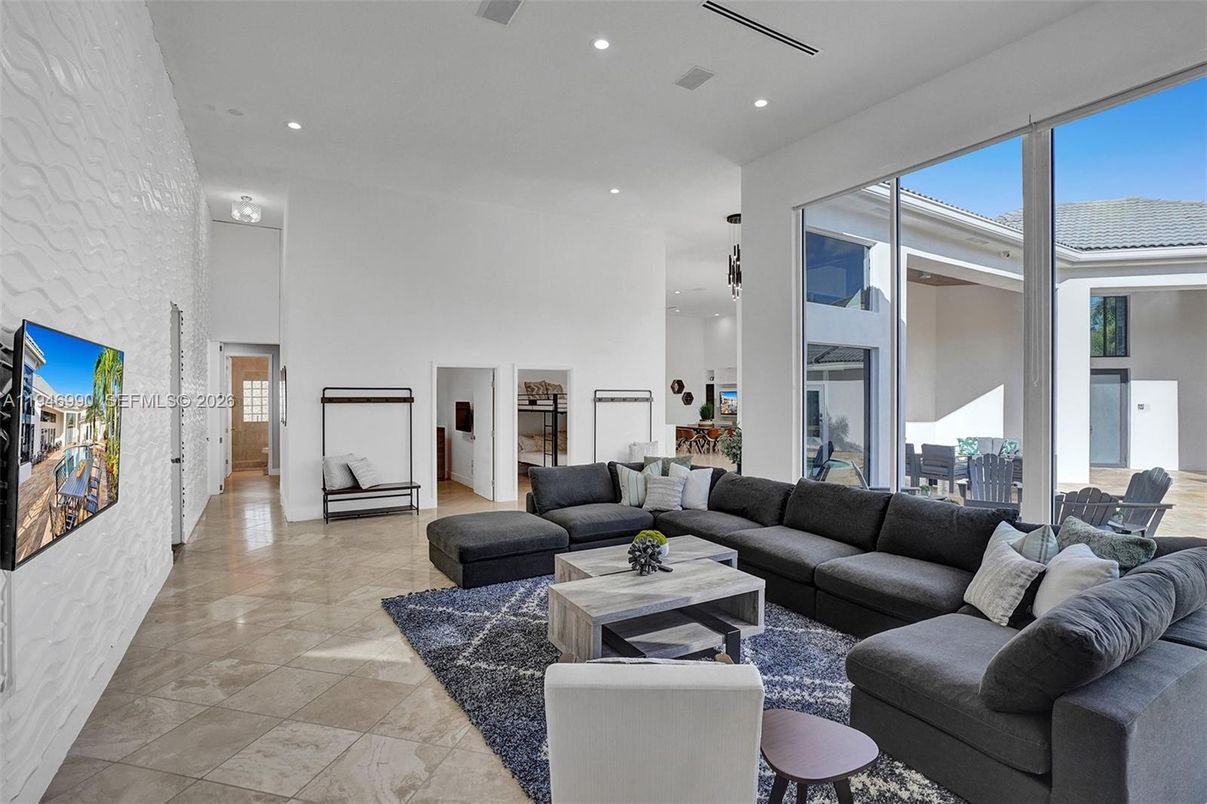 Interior, Living room, Recessed Lighting, Stone Walls