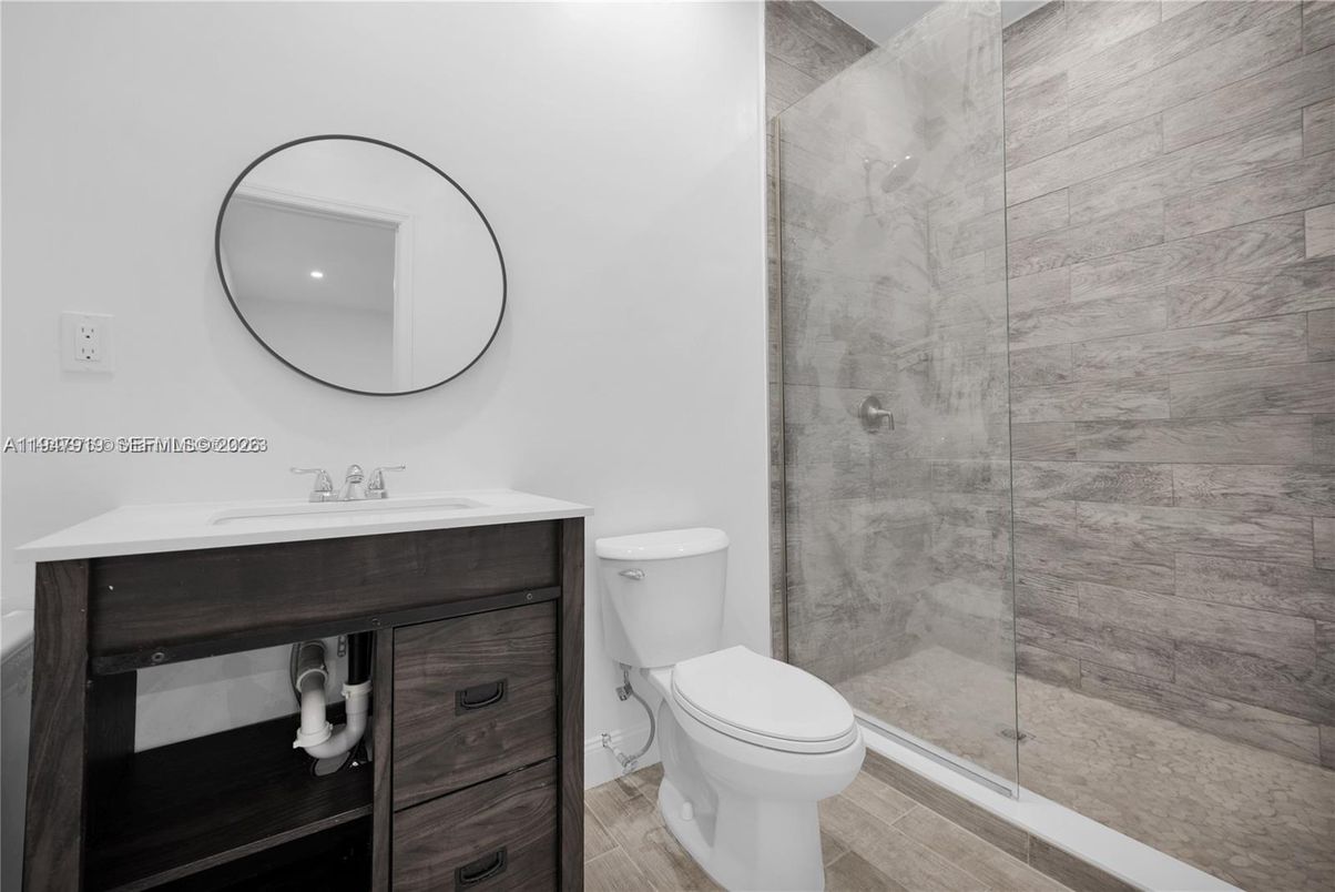 Bathroom, Glass Shower, Interior, Wood Texture Flooring