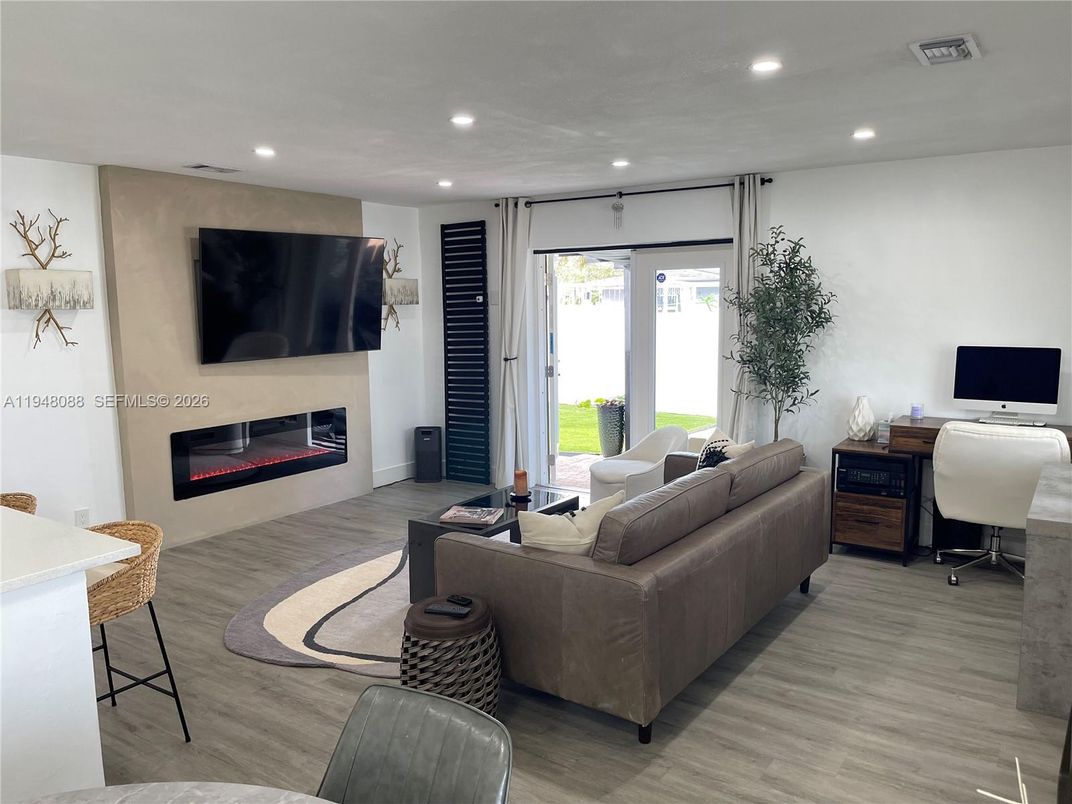 Fireplace, Home Office, Interior, Living room, Recessed Lighting, Wood Texture Flooring