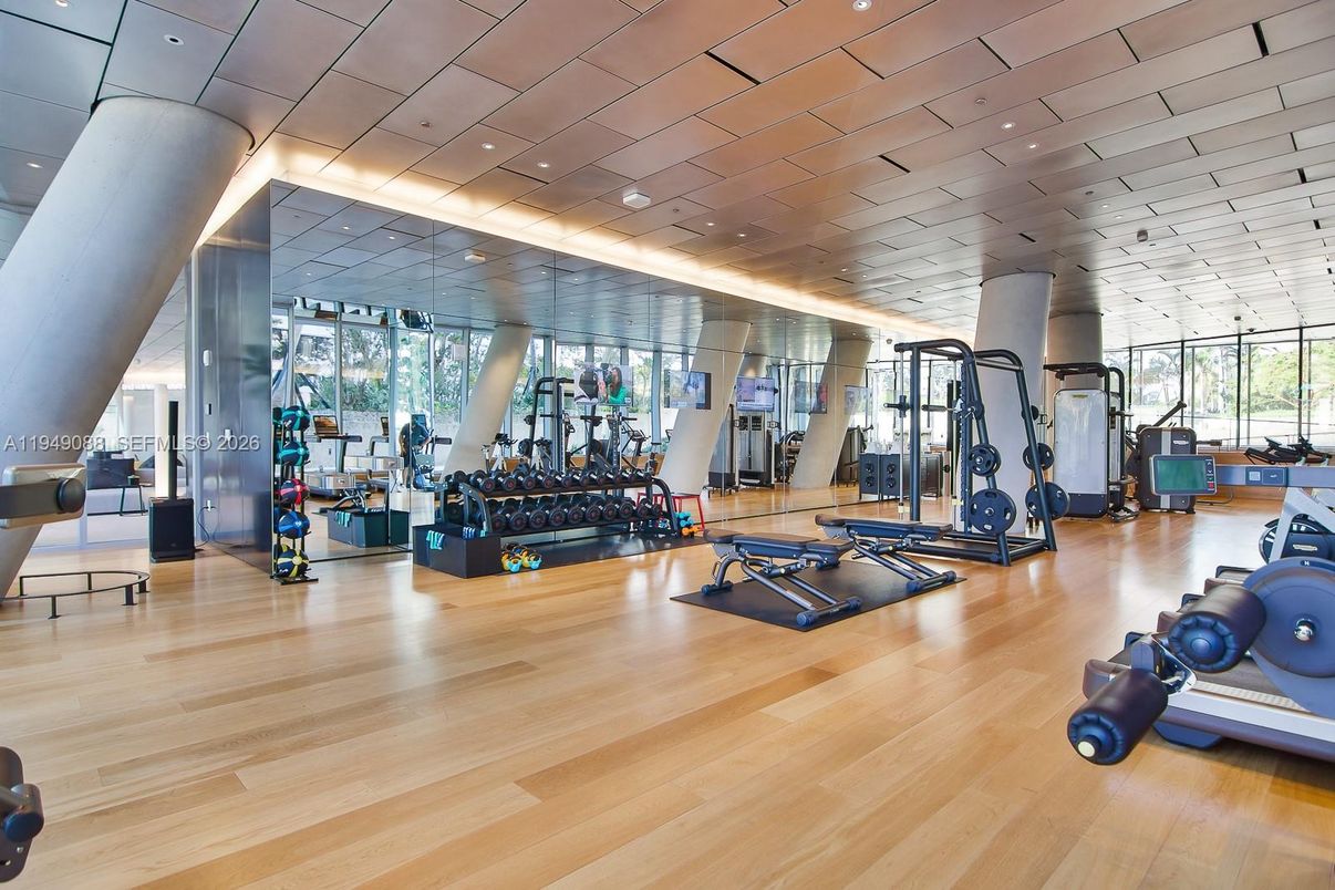 Fitness Equipment, Gym, Interior, Recessed Lighting, Wood Texture Flooring