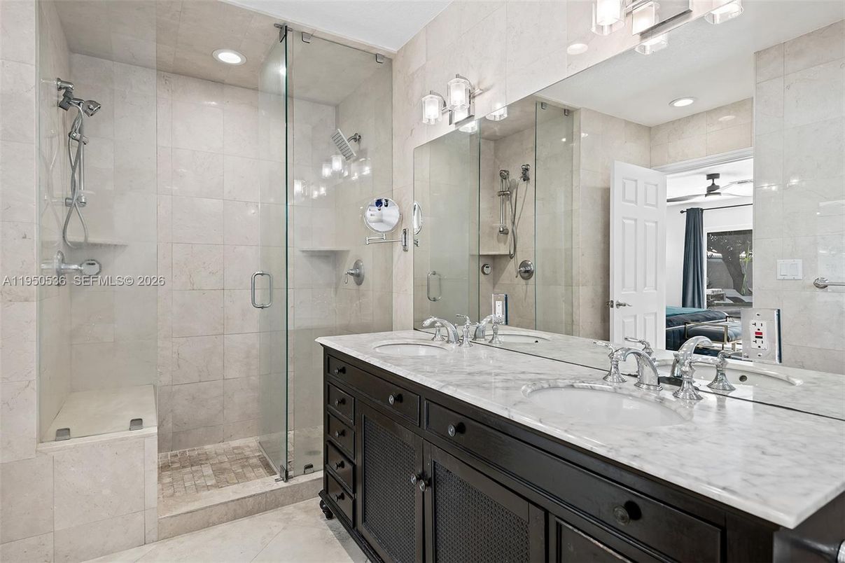 Bathroom, Dual Sink Vanities, Glass Shower, Interior, Recessed Lighting