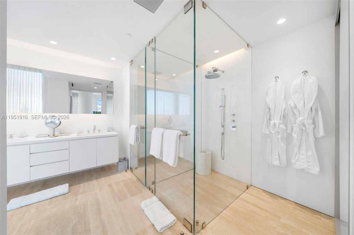 Bathroom, Dual Sink Vanities, Glass Shower, Interior, Recessed Lighting, Wood Texture Flooring