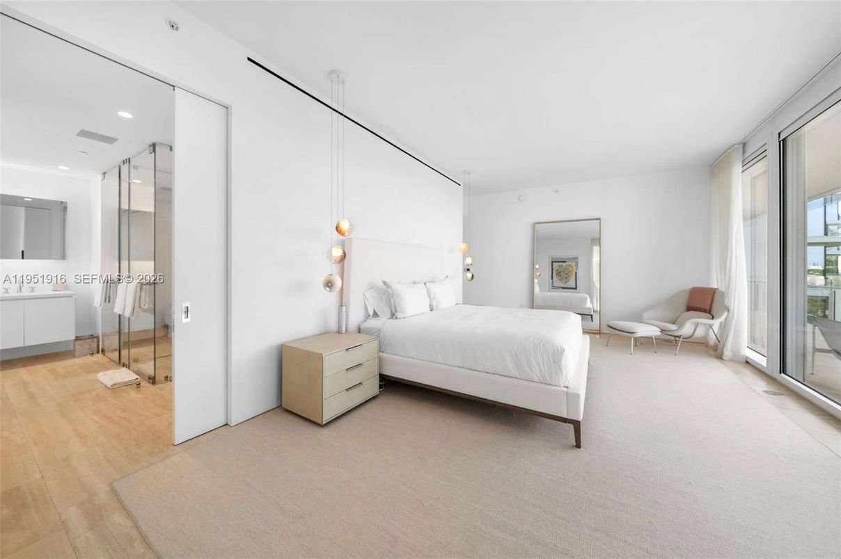 Bedroom, Interior, Pendant Lights, Recessed Lighting, Wood Texture Flooring