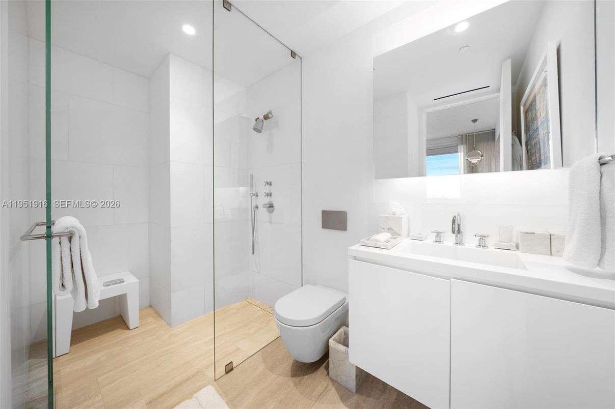 Bathroom, Glass Shower, Interior, Recessed Lighting, Wood Texture Flooring