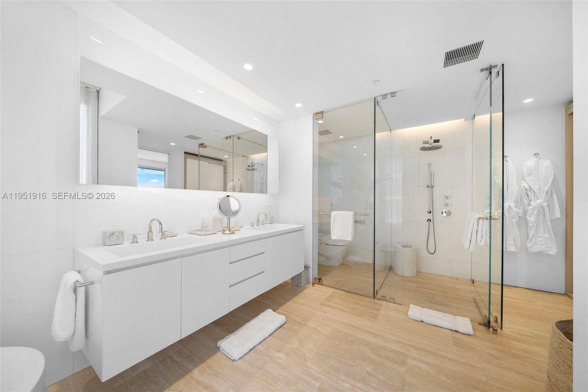 Bathroom, Dual Sink Vanities, Glass Shower, Interior, Recessed Lighting, Wood Texture Flooring
