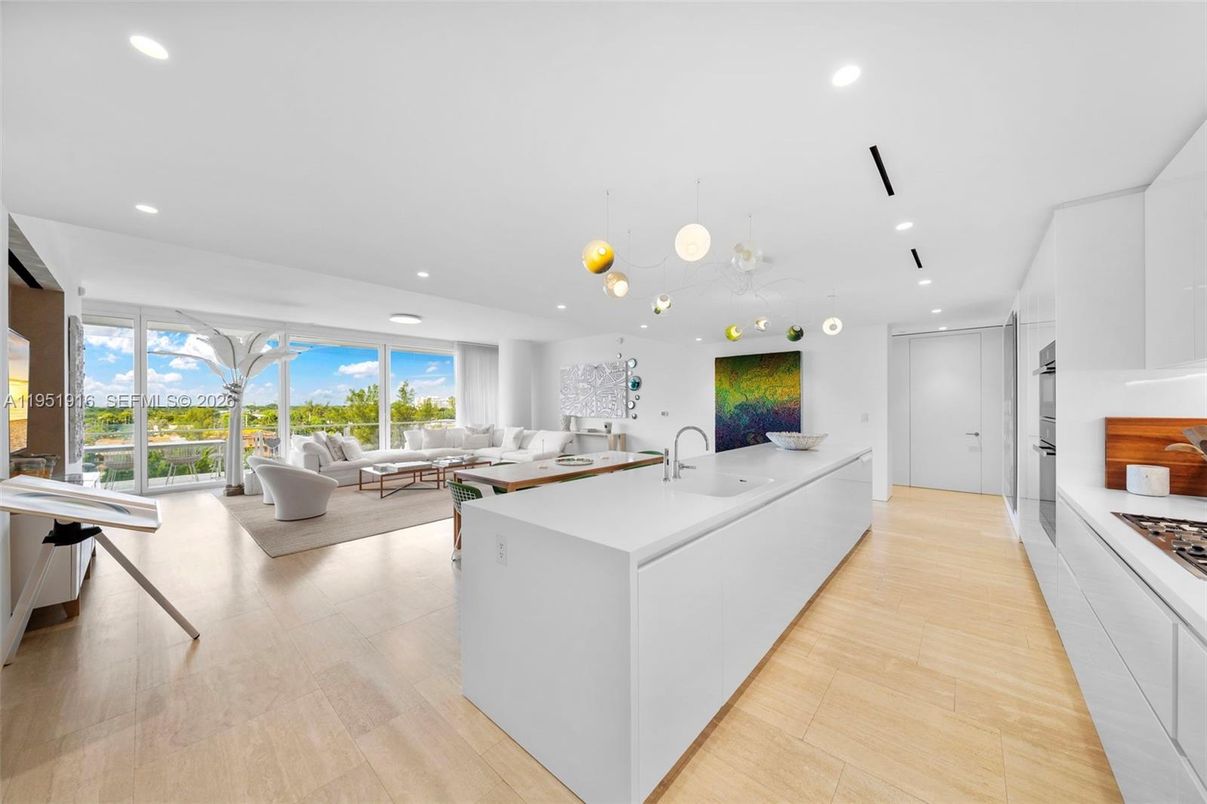 Interior, Kitchen, Living room, Pendant Lights, Recessed Lighting, Water, Wood Texture Flooring