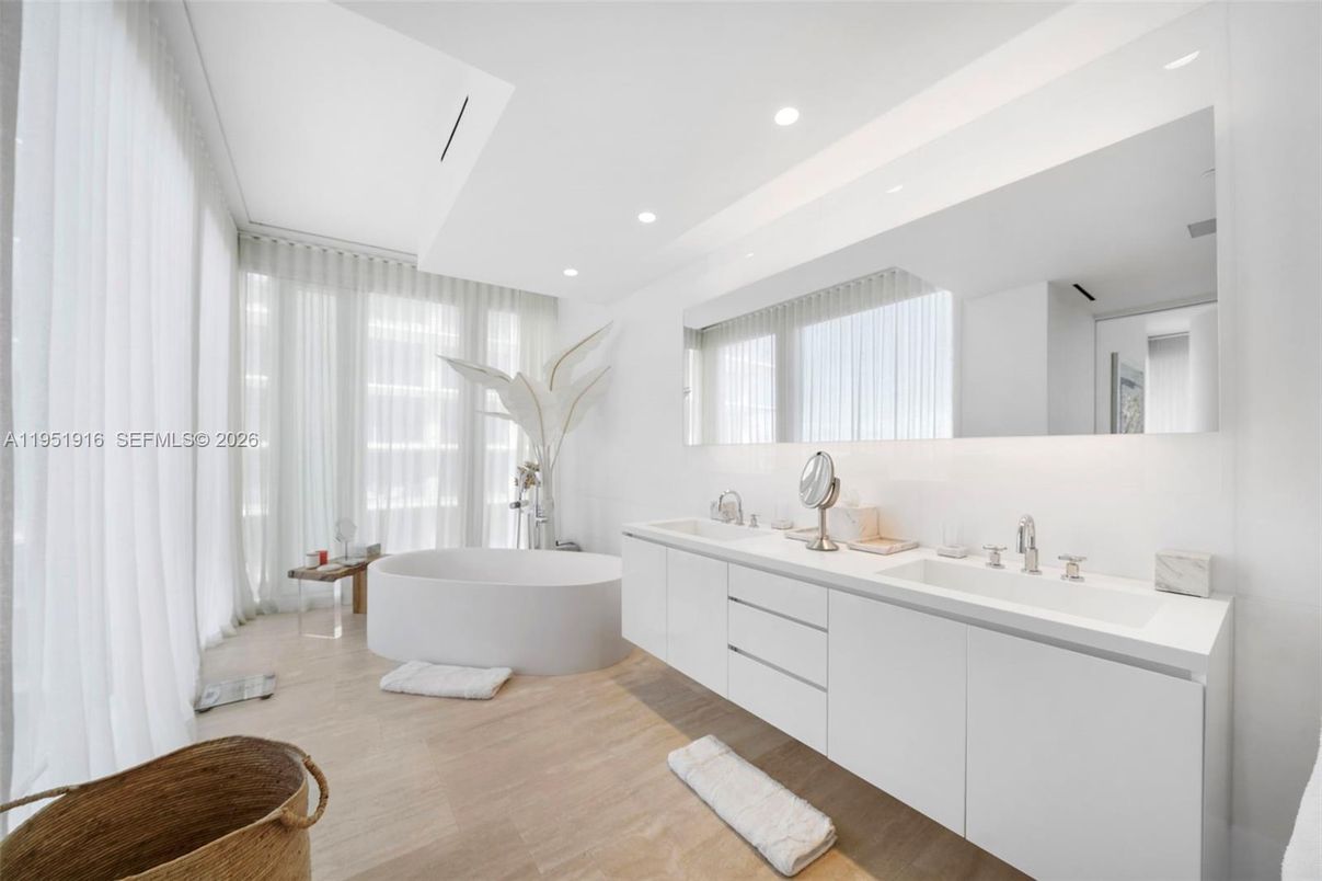 Bathroom, Dual Sink Vanities, Free Standing Baths, Interior, Recessed Lighting, Wood Texture Flooring