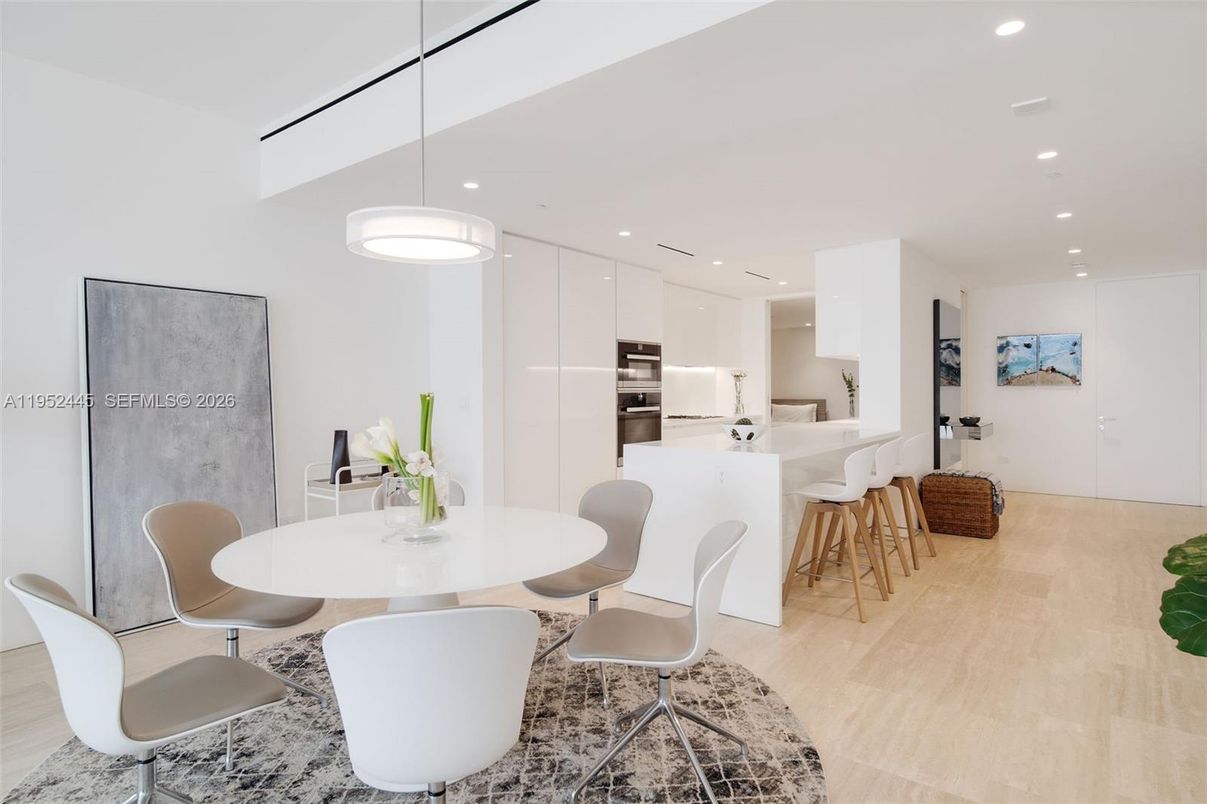 Dining room, Interior, Kitchen, Pendant Lights, Recessed Lighting, Stainless Steel Appliances, Wood Texture Flooring