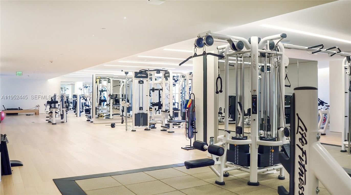 Fitness Equipment, Gym, Interior, Recessed Lighting, Wood Texture Flooring