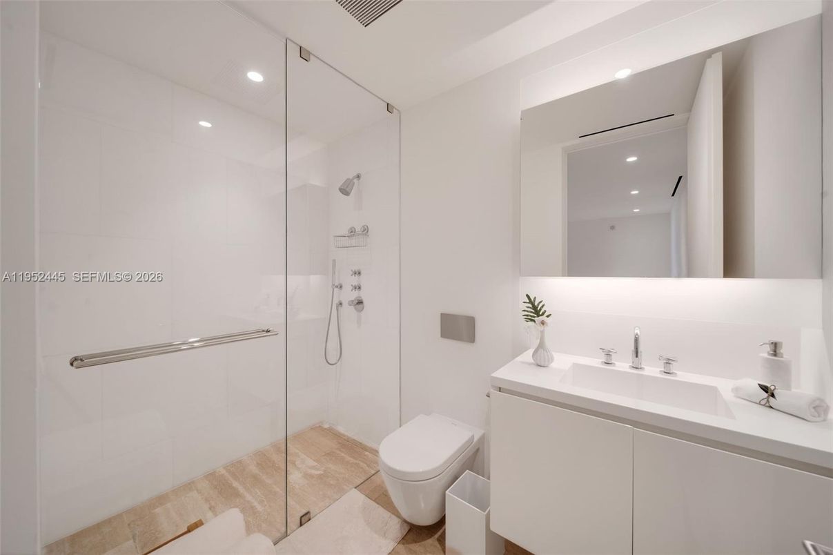 Bathroom, Glass Shower, Interior, Recessed Lighting, Wood Texture Flooring