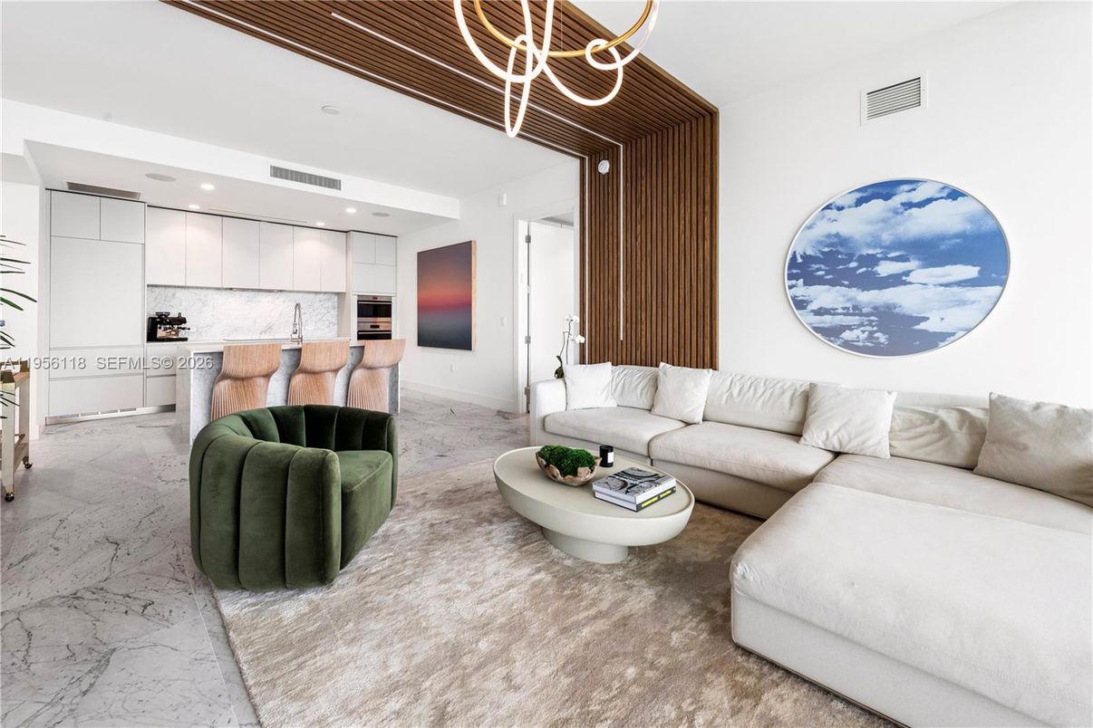 Interior, Kitchen, Living room, Marble, Pendant Lights, Recessed Lighting, Stainless Steel Appliances