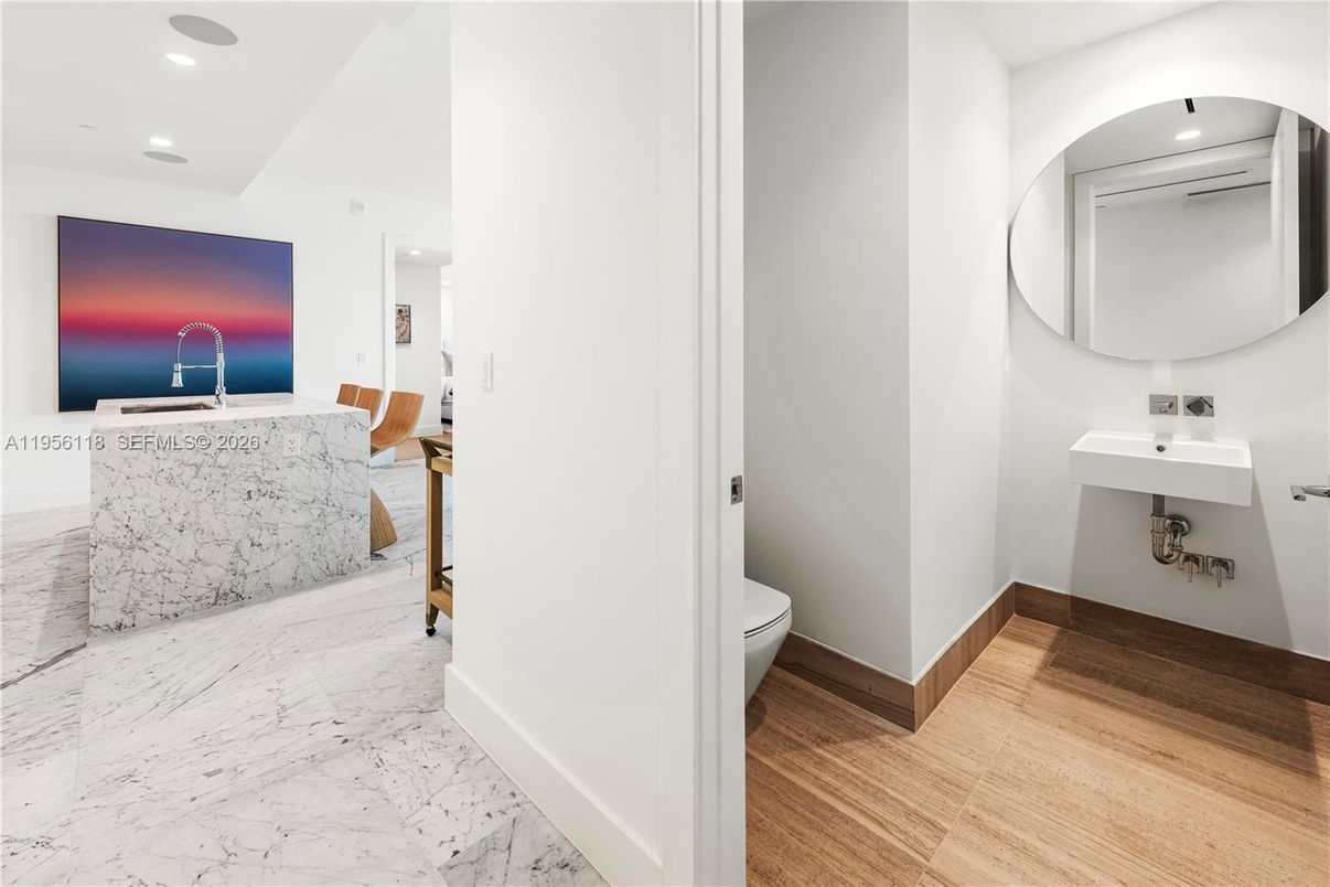 Bathroom, Interior, Marble, Recessed Lighting, Water, Wood Texture Flooring