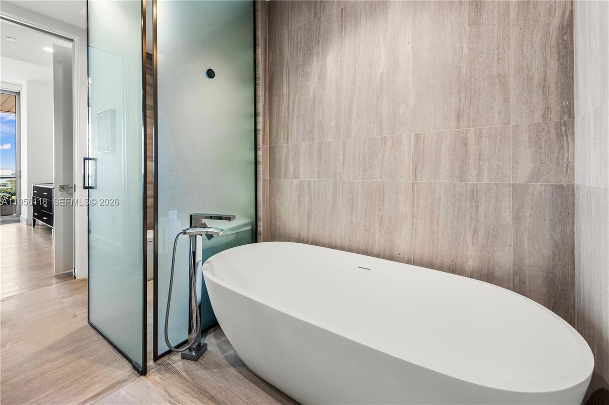 Bathroom, Free Standing Baths, Glass Shower, Interior, Wood Texture Flooring