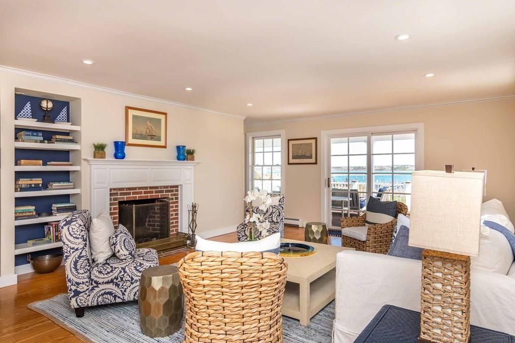 Fireplace, Interior, Living room, Recessed Lighting, Water, Wood Texture Flooring