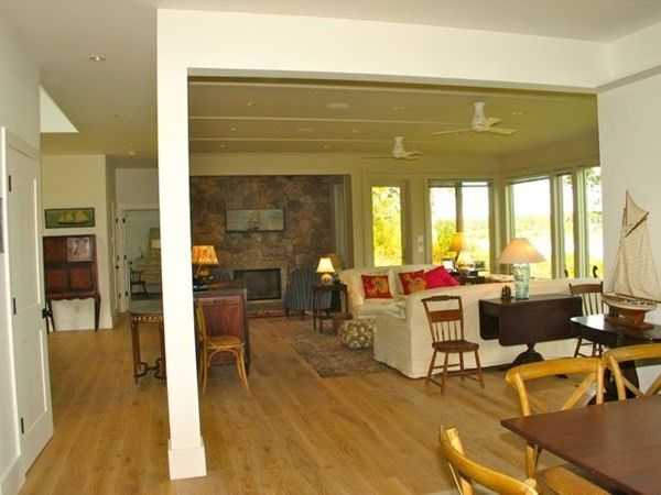 Fireplace, Interior, Living room, Recessed Lighting, Stone Walls, Wood Texture Flooring