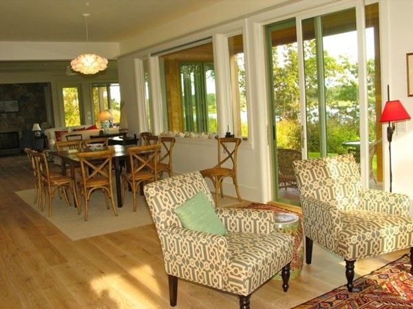 Dining room, Fireplace, Interior, Pendant Lights, Wood Texture Flooring
