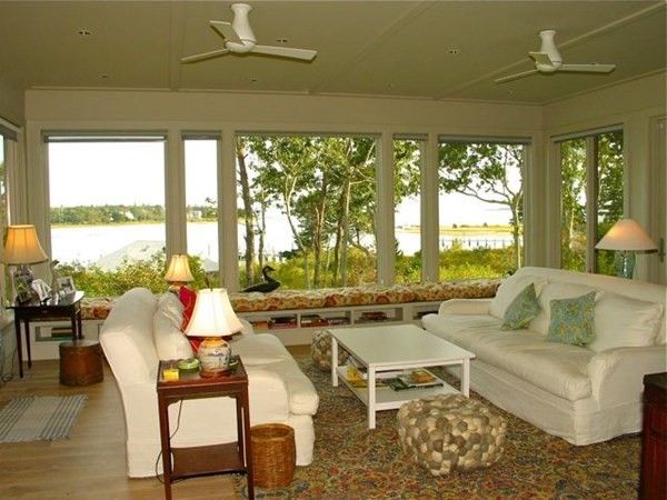 Interior, Living room, Recessed Lighting, Sun Room, Water, Wood Texture Flooring