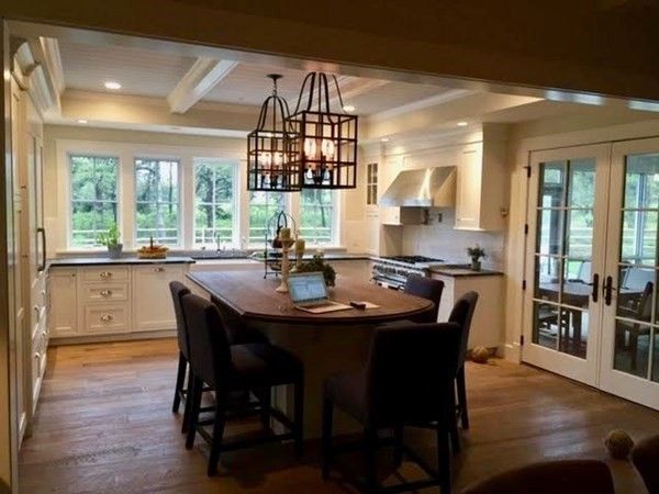 Chandelier, Dining room, Interior, Kitchen, Recessed Lighting, Stainless Steel Appliances, Wood Texture Flooring