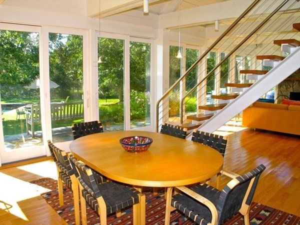 Dining room, Interior, Pendant Lights, Wood Texture Flooring