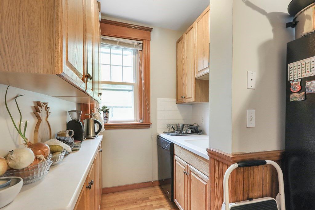 Interior, Kitchen, Tile Countertops, Wood Texture Flooring