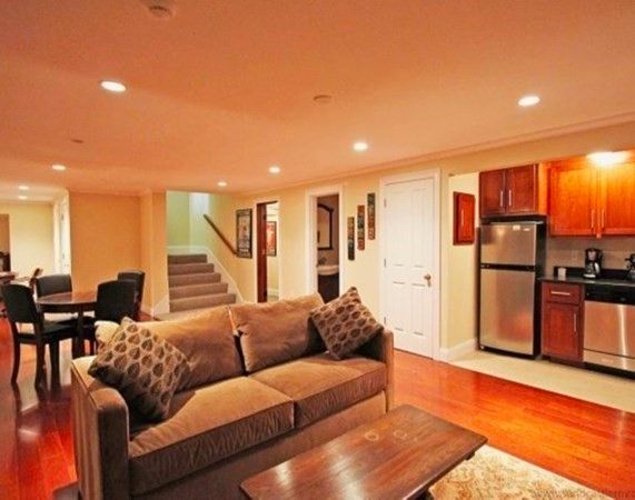 Dining room, Interior, Kitchen, Living room, Recessed Lighting, Stainless Steel Appliances, Wood Texture Flooring