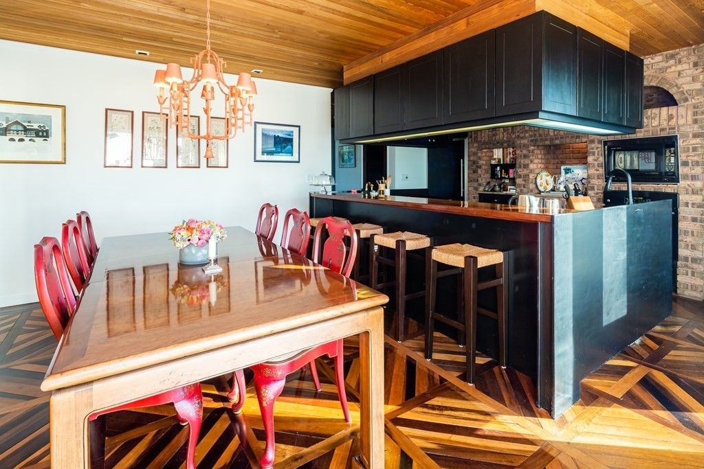 Chandelier, Dining room, Interior, Kitchen, Recessed Lighting, Stone Walls, Wooden Ceilings, Wood Texture Flooring