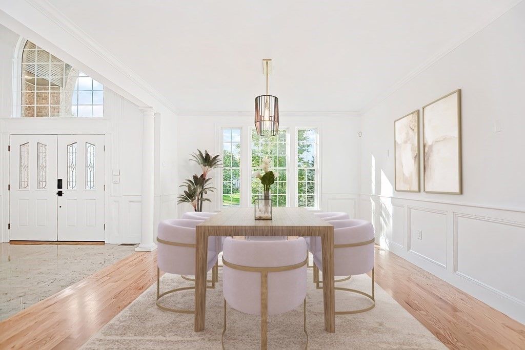 Dining room, Interior, Pendant Lights, Wood Texture Flooring