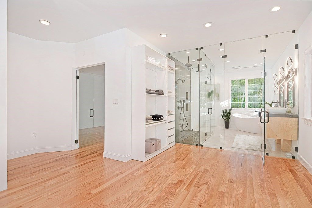 Bathroom, Free Standing Baths, Glass Shower, Interior, Recessed Lighting, Wood Texture Flooring