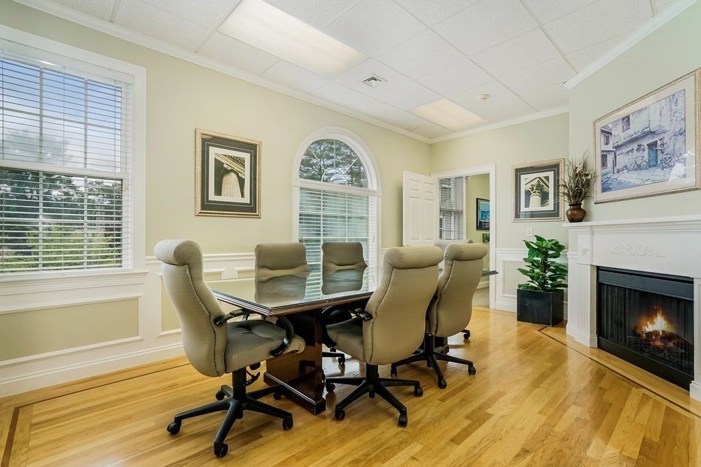 Fireplace, Home Office, Interior, Recessed Lighting, Wood Texture Flooring