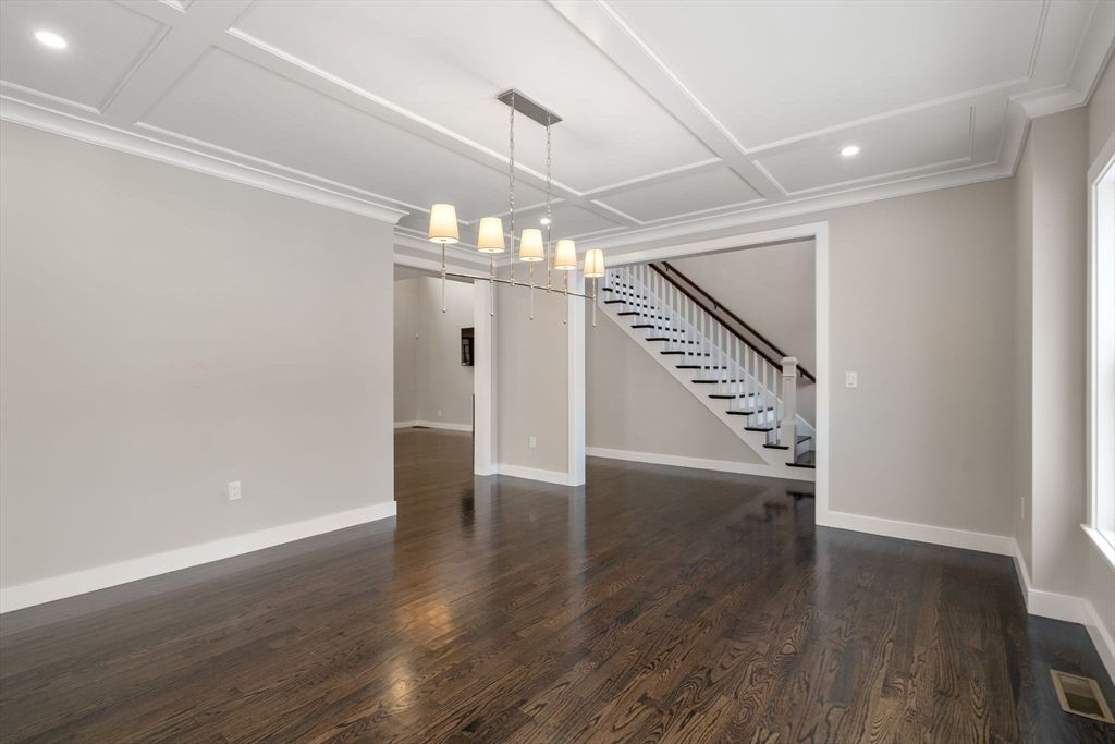 Empty room, Interior, Pendant Lights, Recessed Lighting, Wood Texture Flooring