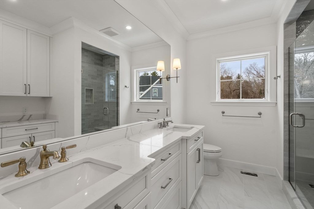 Bathroom, Dual Sink Vanities, Glass Shower, Interior, Marble, Recessed Lighting