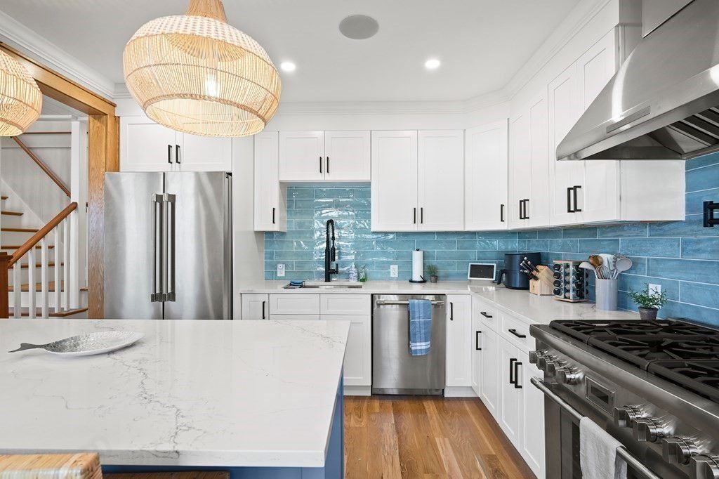 Interior, Kitchen, Pendant Lights, Recessed Lighting, Stainless Steel Appliances, Wood Texture Flooring