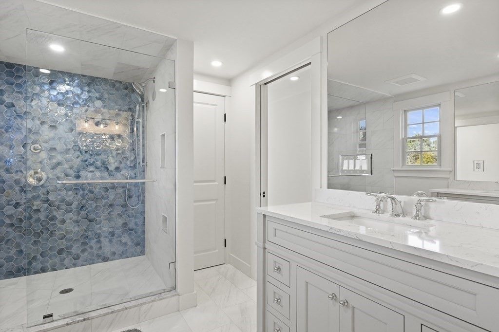 Bathroom, Glass Shower, Interior, Marble, Recessed Lighting