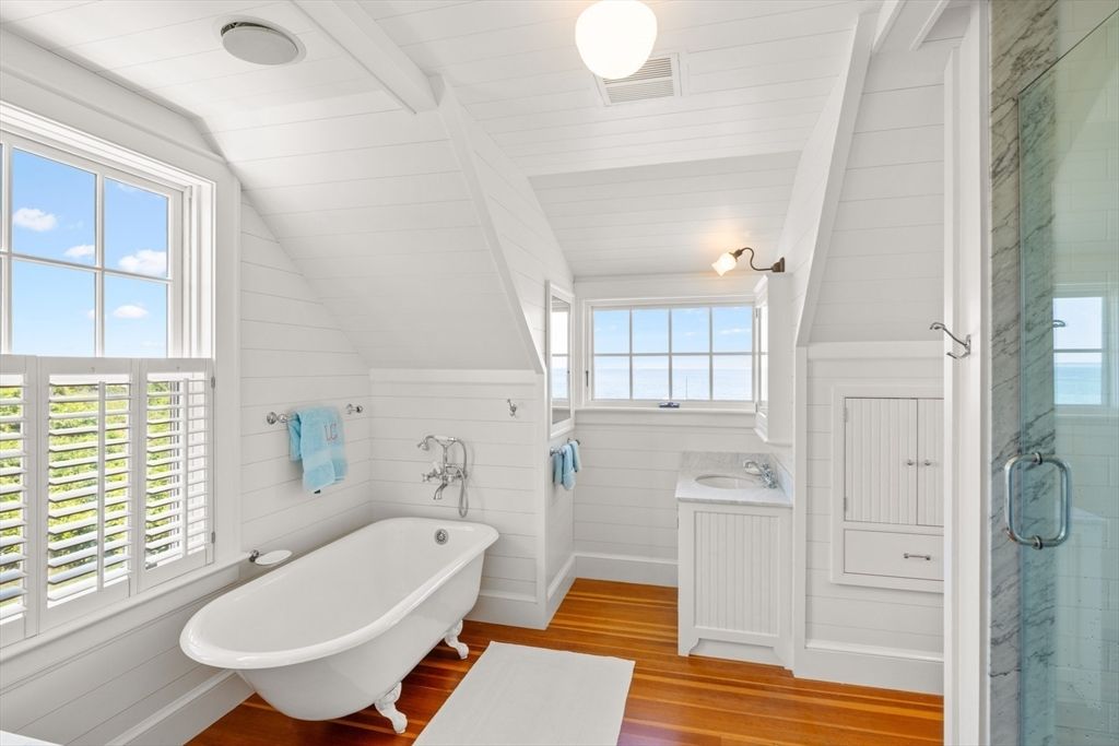 Bathroom, Free Standing Baths, Interior, Marble Walls, Wood Texture Flooring
