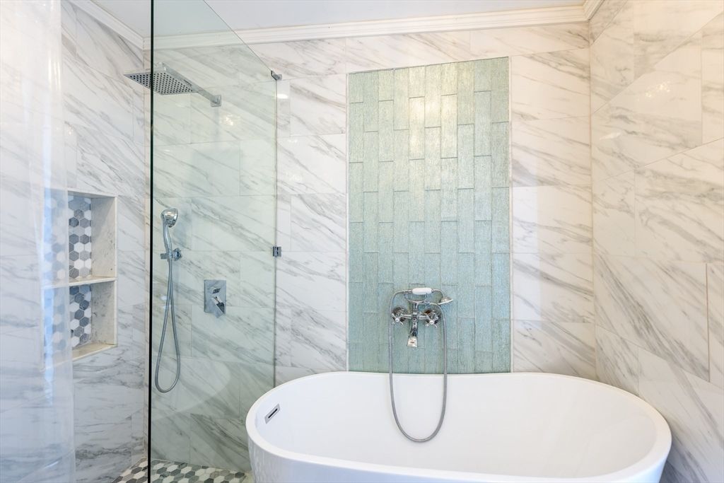 Bathroom, Free Standing Baths, Glass Shower, Interior, Marble Walls